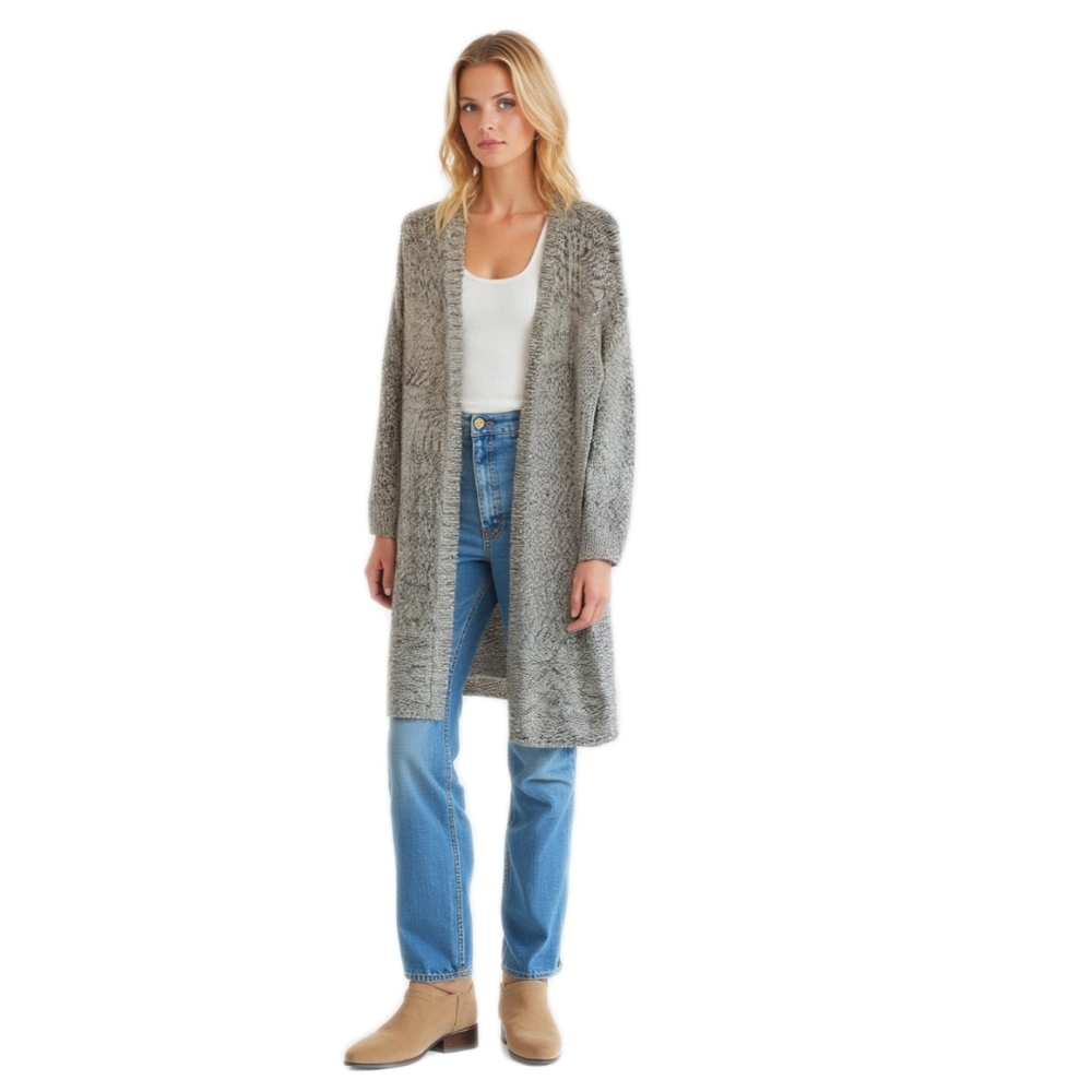 LOFT Womens Small Gray White Cable Knit Cotton Blend Long Open Cardigan Sweater